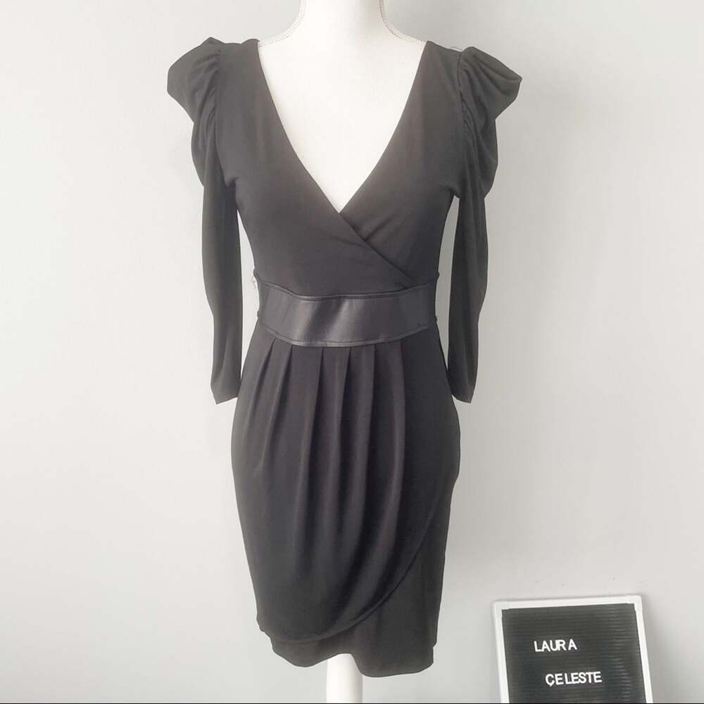 Arden B black cocktail party dress faux leather shirred size medium open back